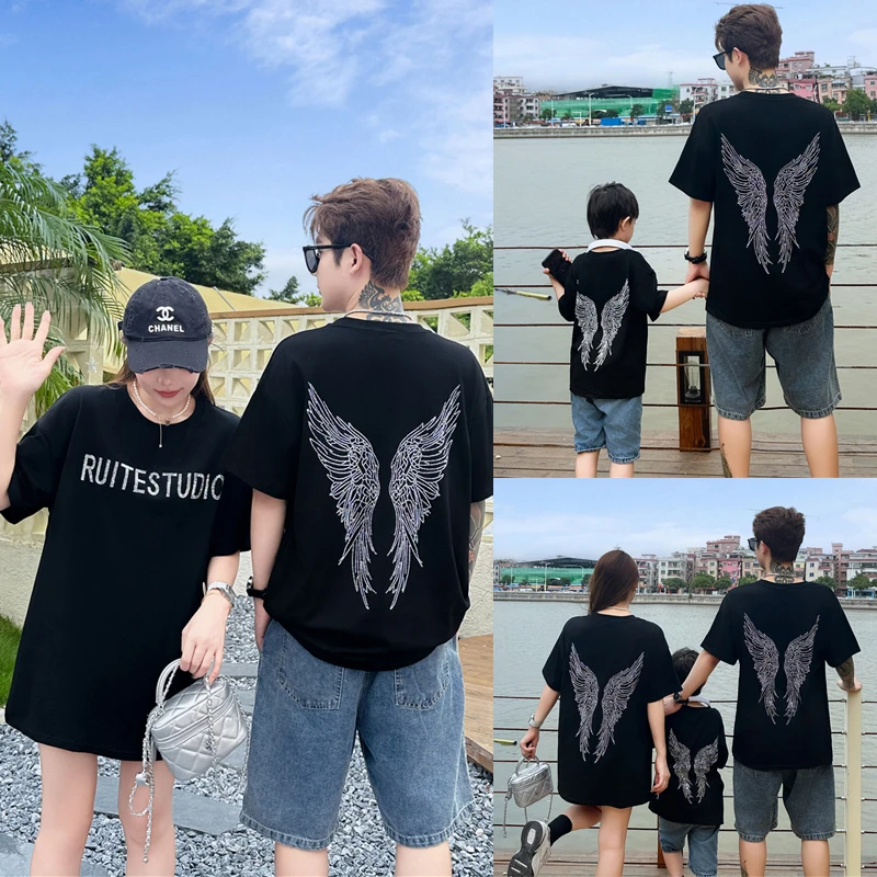 2025新款一家三口背后大翅膀短袖亲子装夏装时尚婴童爬服连体衣