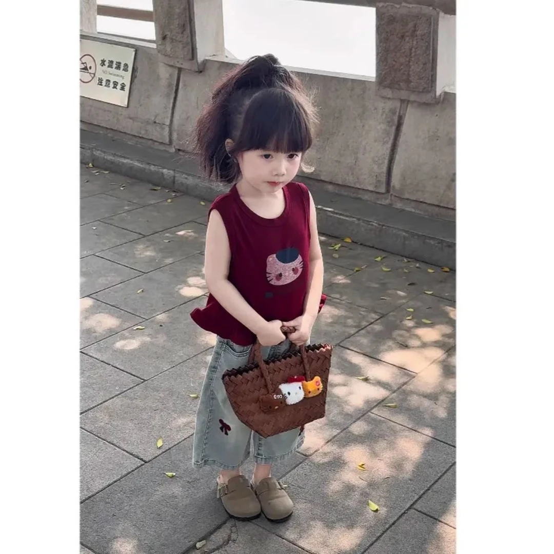 女童2025新款夏酒红色卡通无袖背心女宝洋气外穿小众网红新中式i