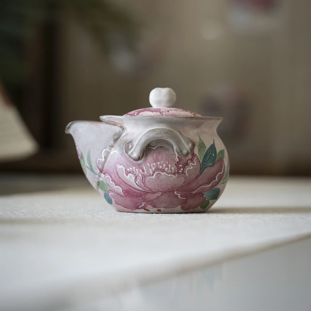 老岩泥牡丹手抓壶陶瓷茶壶家用泡茶壶防烫复古茶具功夫茶具