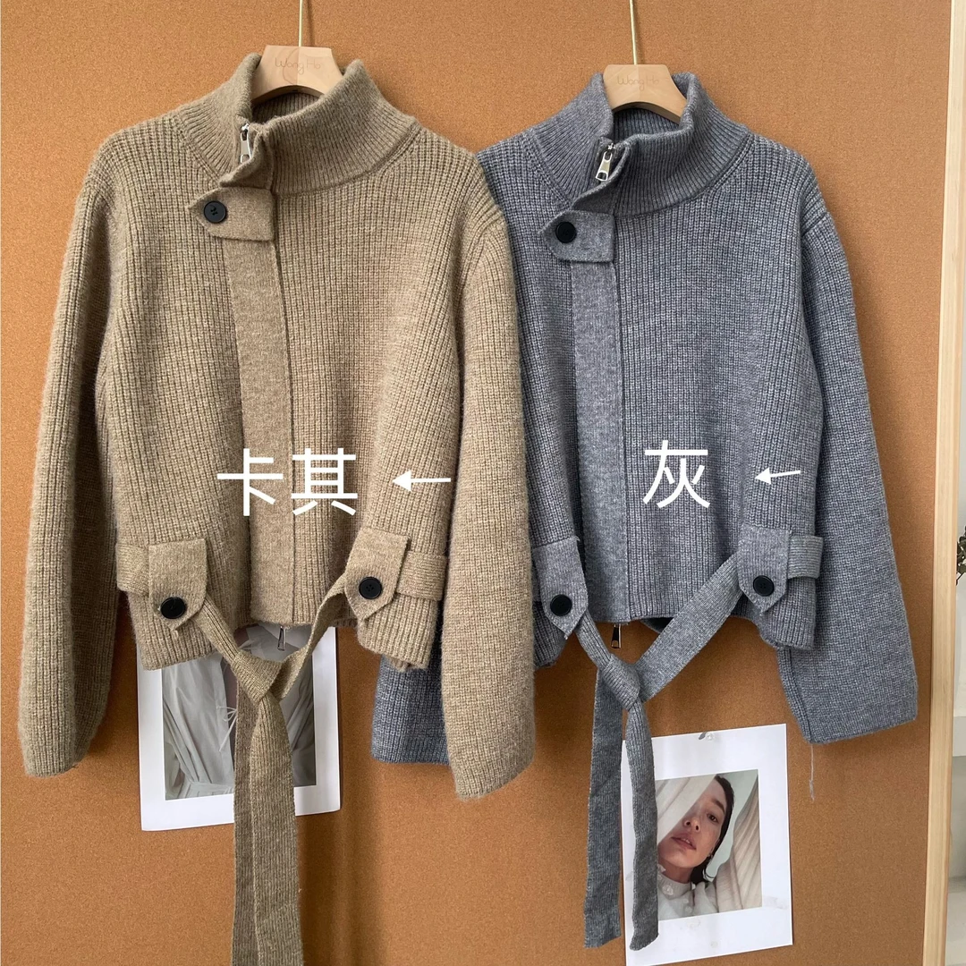 【清】2025秋季高级感百搭纯色半高领毛衣针织拉链开衫上衣女21045