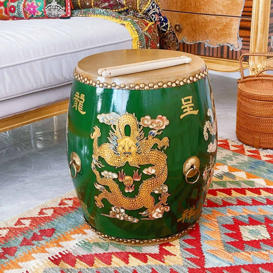 新中式鼓凳杨木牛皮彩绘小圆凳沙发凳摆件YM920