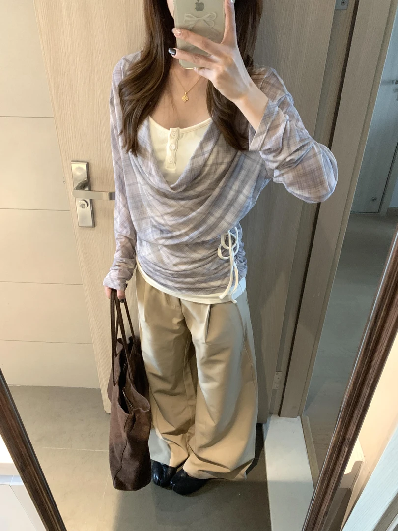 高级简约荡领收腰设计通勤气质长袖假两件上衣百搭卡其色休闲裤女