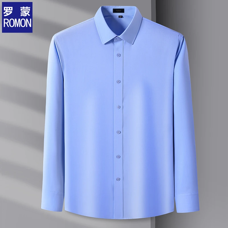 罗蒙高档莫代尔长袖衬衫春秋款免烫抗皱商务正装宽松大码休闲衬衣