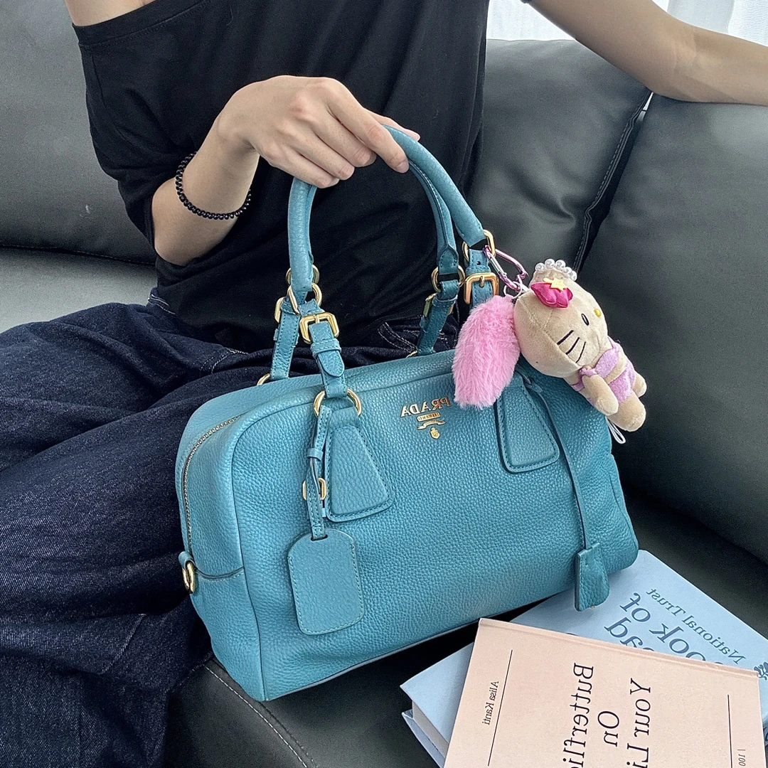 95新 Prada/普拉达 湖蓝色荔枝皮手提包