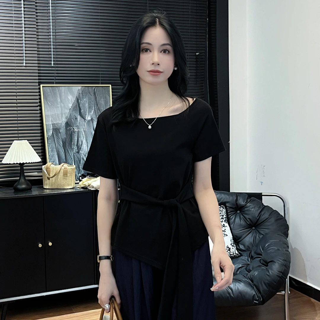 【Si&华严选】修身显瘦辣妹百搭短袖气质不规则短款优雅风上衣8119