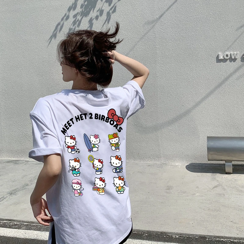 港风ins潮牌KT猫前后图宽松百搭T恤休闲女装上衣圆领高级感半袖