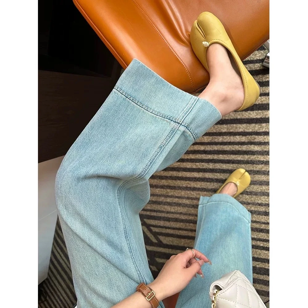 夏季薄款浅蓝白色直筒牛仔裤女垂感弹力显瘦直筒宽松八九分裤子