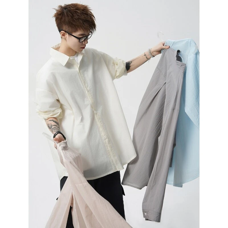 纯色简约高级感长袖衬衫男2025夏季薄款潮流宽松百搭休闲防晒衣服