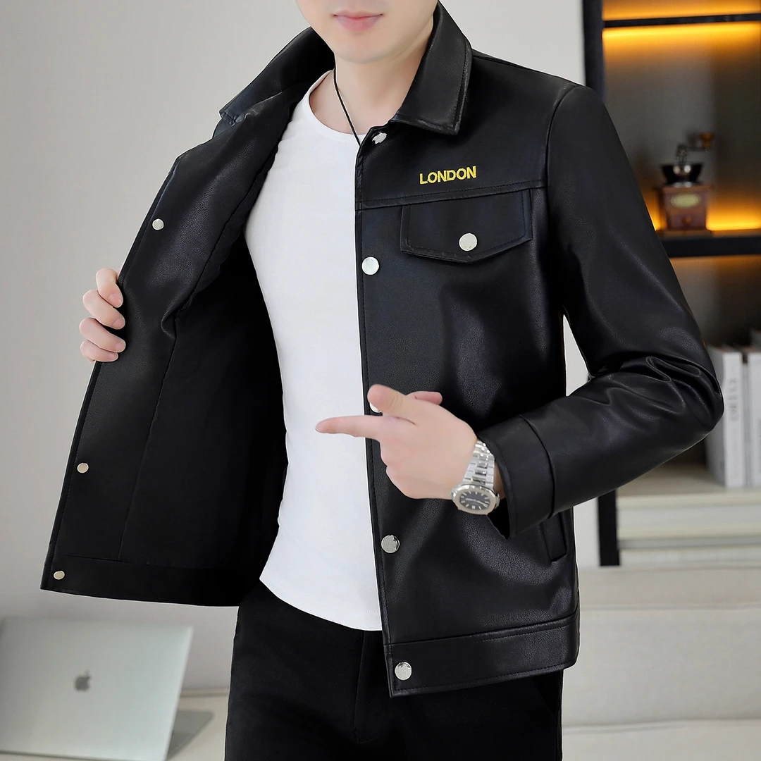 高端刺绣男士皮夹克外套男款春秋季2025新款潮流修身翻领休闲皮衣