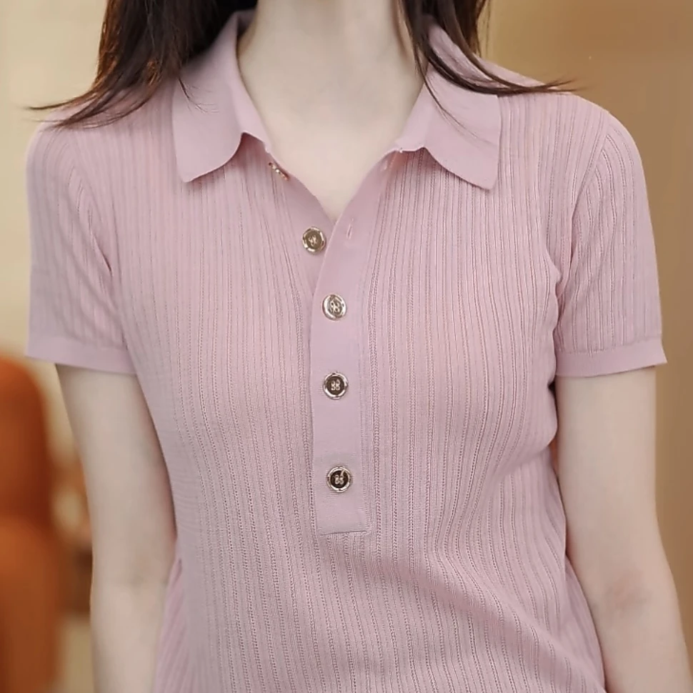 清货POLO领百搭冰丝薄款针织衫短袖T恤女夏新款显瘦简约纯色上衣