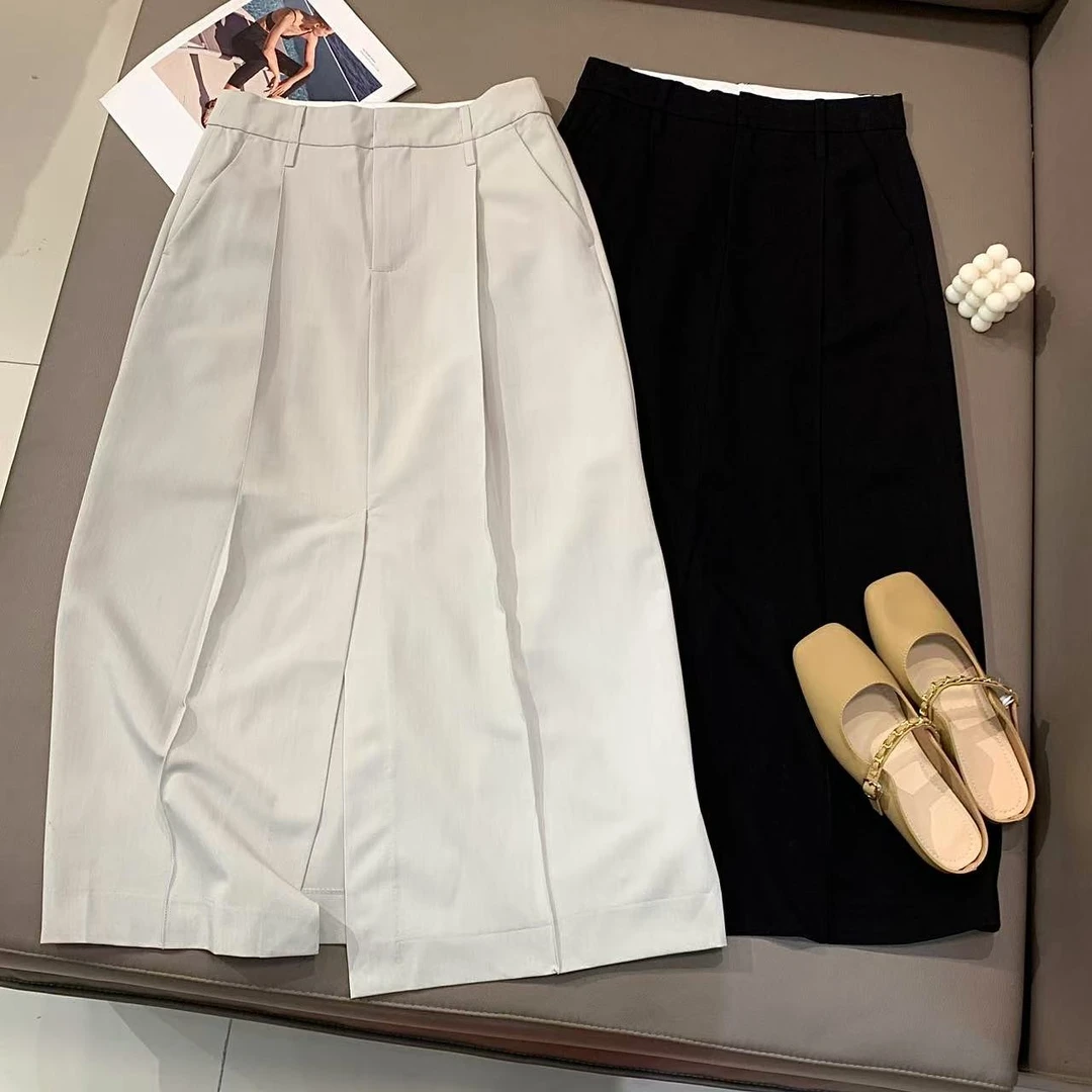 Q79优雅开叉半身裙女高腰春新款垂坠感显瘦a字包臀通勤直筒裙