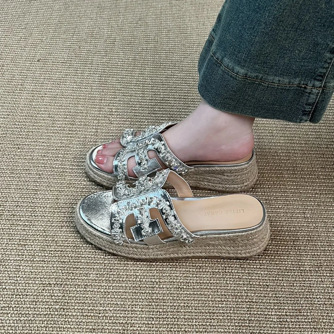 手工穿水钻松糕草编厚底凉拖鞋女夏季新款5cm坡跟外穿凉拖鞋女