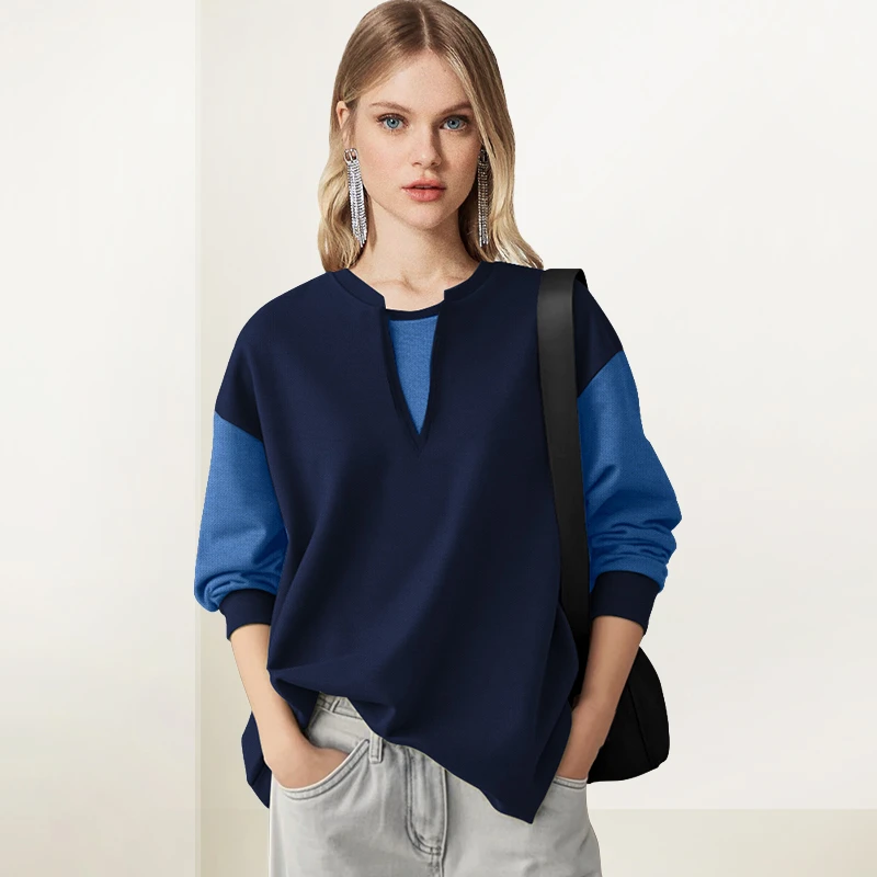 2025薄款女装设计感圆撞色卫衣女225年春装新款假两件拼接宽松显