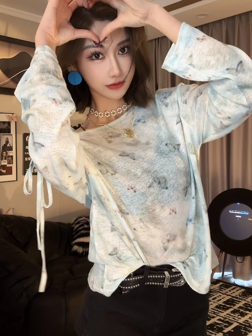 蝴蝶结印花长袖防晒T恤女装夏季蓝色露肩薄款设计感小众别致上衣