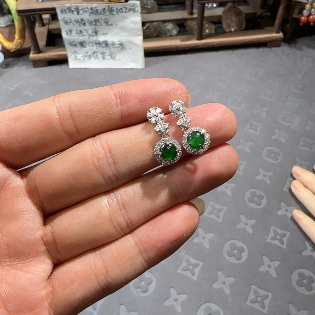 银S925镶嵌翡翠耳饰翡翠危料