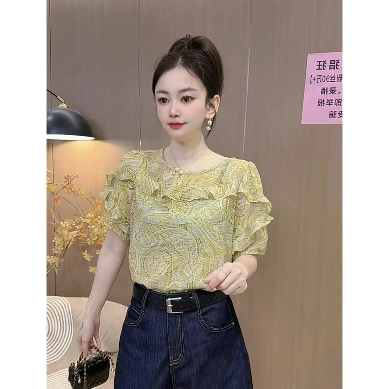 新品夏季洋气减龄显瘦印花衬衫减龄蕾丝气质时尚镂空法式轻奢百搭