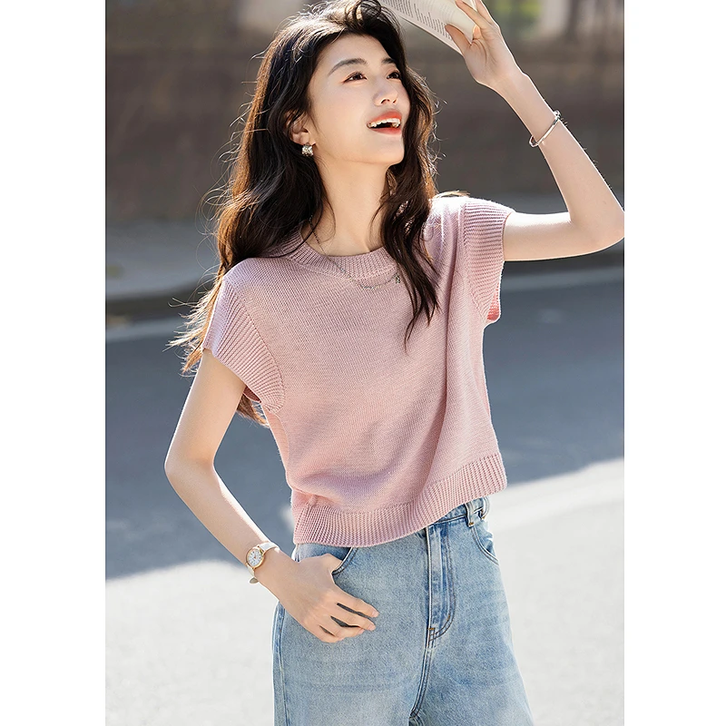 【新东方专属】德·玛纳时尚竹节麻气质圆领无袖线衫短款弹力针织衫