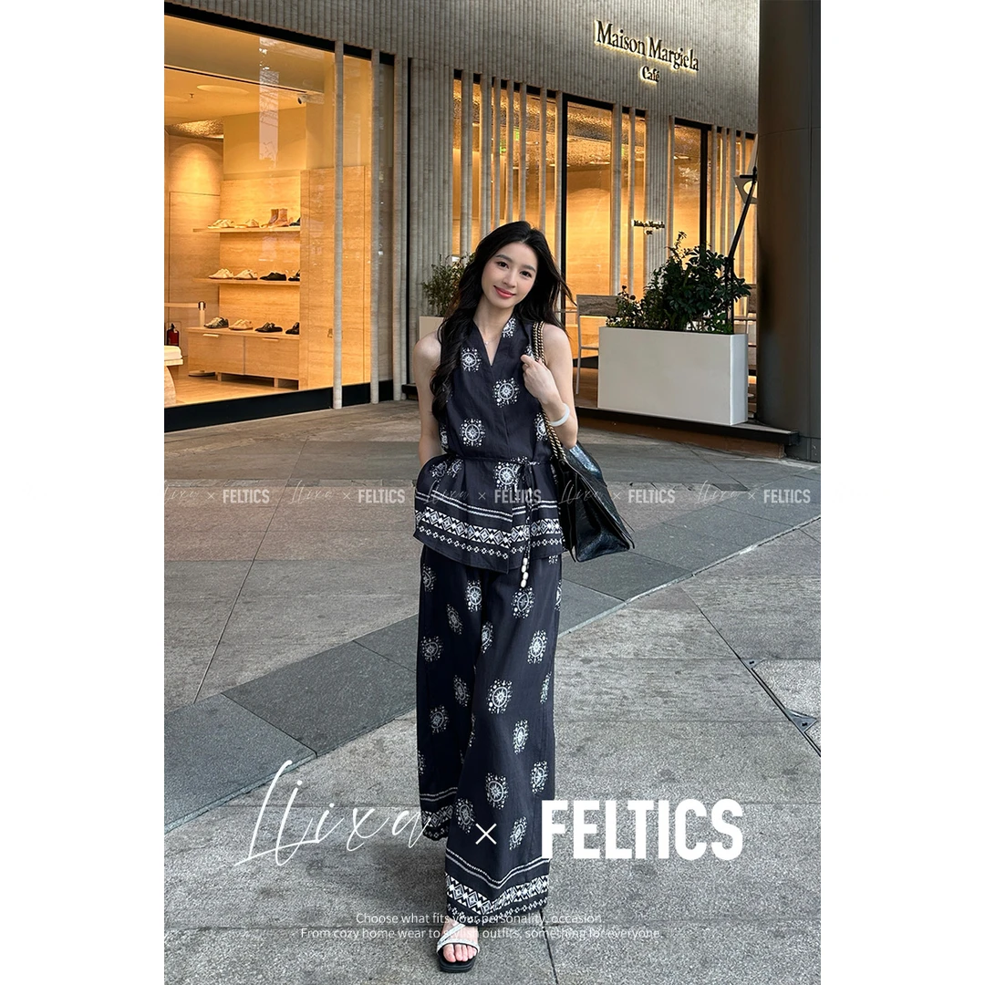 【交个朋友专属】夏季复古印花收腰无袖背心高腰阔腿裤FL52TZ524