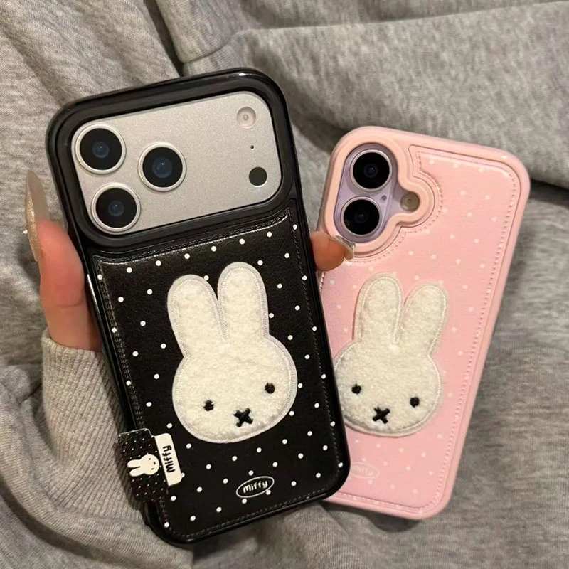 雅天立满屏波点米菲兔皮质适用iPhone16promax苹果17鼓包手机壳14