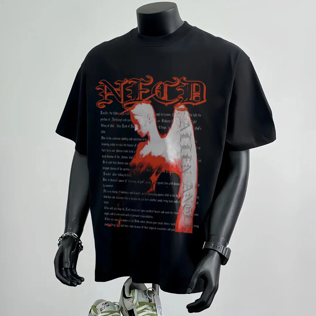 100%纯棉320克重磅男士时尚休闲黑色宽松印花设计师圆领百搭情侣