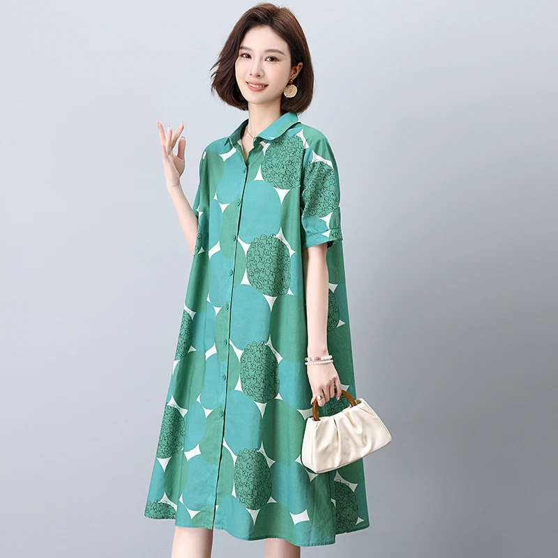 纯棉印花连衣裙女夏季2025新款宽松大码中年妈妈休闲中长款衬衫裙