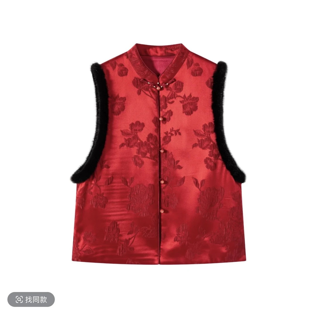 新中式冠乐皱红马甲