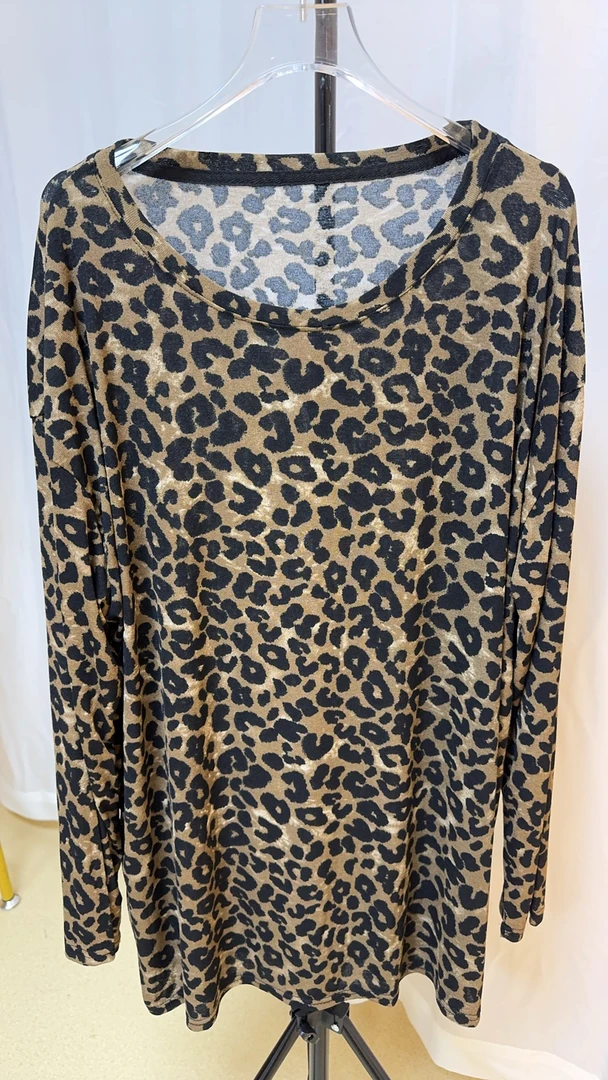 大码T恤套头豹纹抗起球潮流长袖百搭中长款时尚舒适花色扎染常规