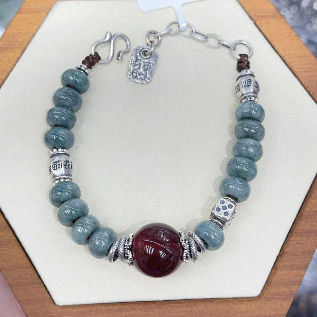 925银布艺手链 F249高货绿色红色珠子S扣头手链