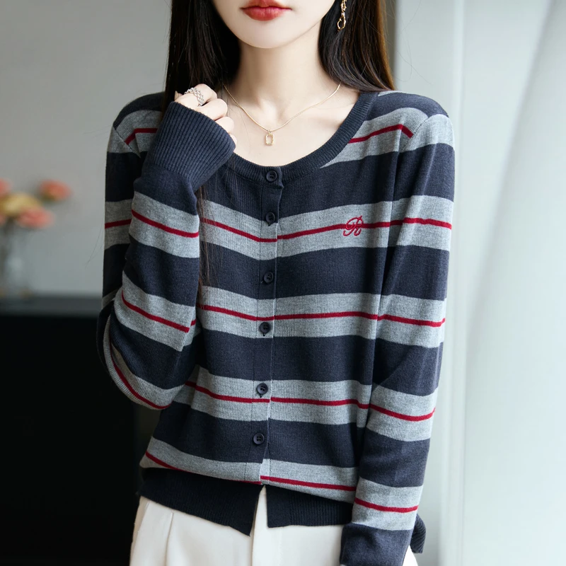 品牌时尚女装秋季圆领羊毛衫条纹刺绣针织衫开衫长袖休闲通勤上衣
