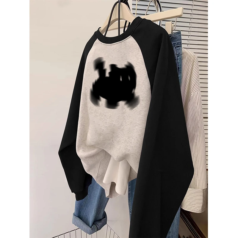 加绒薄款插肩袖卫衣女秋冬2025爆款小黑猫宽松拼色长袖圆领外套潮