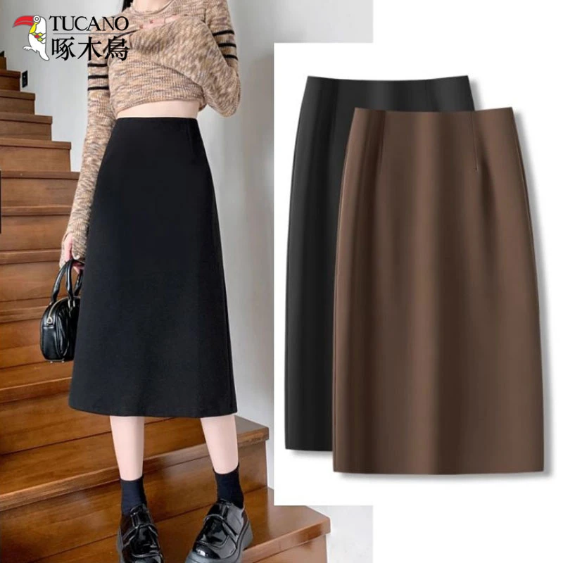 啄木鸟秋冬新款毛呢半身裙女高腰显瘦中长款后开叉洋气直筒a字裙