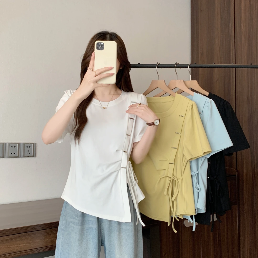 长大码胖mm设计感正肩T恤2025夏季显瘦不规则开叉短袖上衣64523