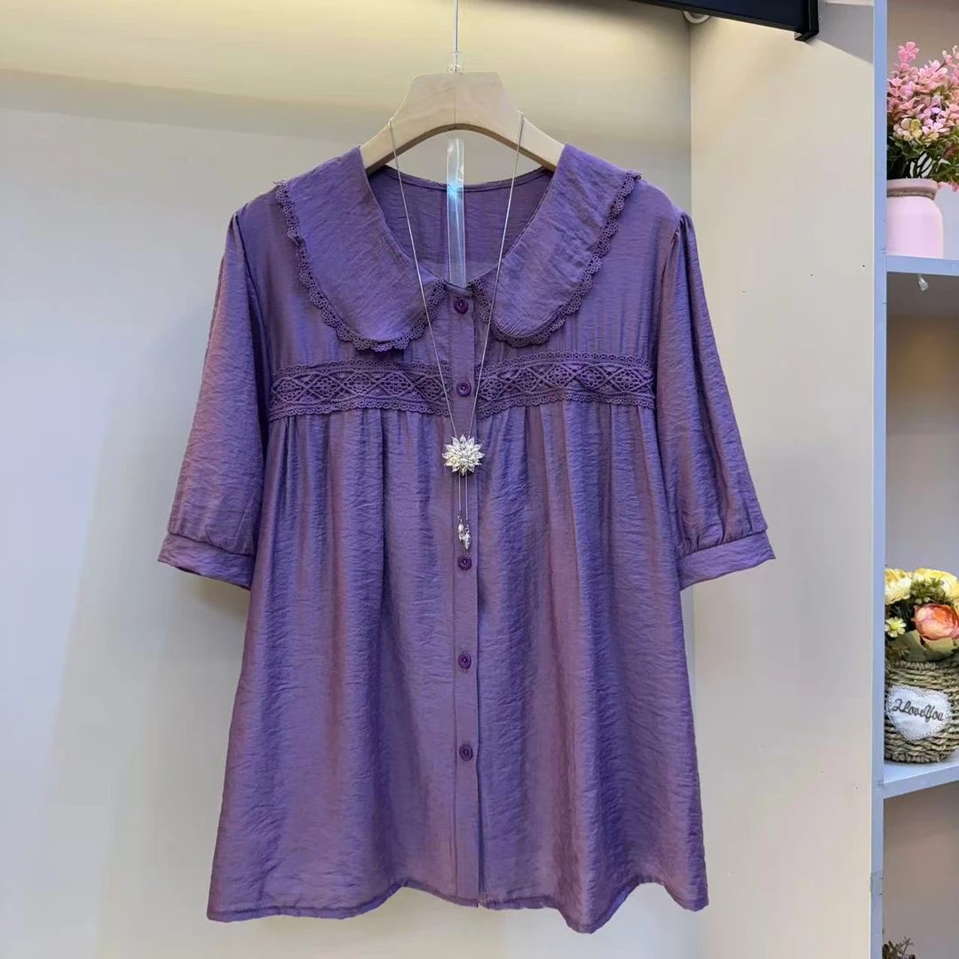 时尚2025大码女装夏新款简约高级感蕾丝边气质宽松显瘦衬衫