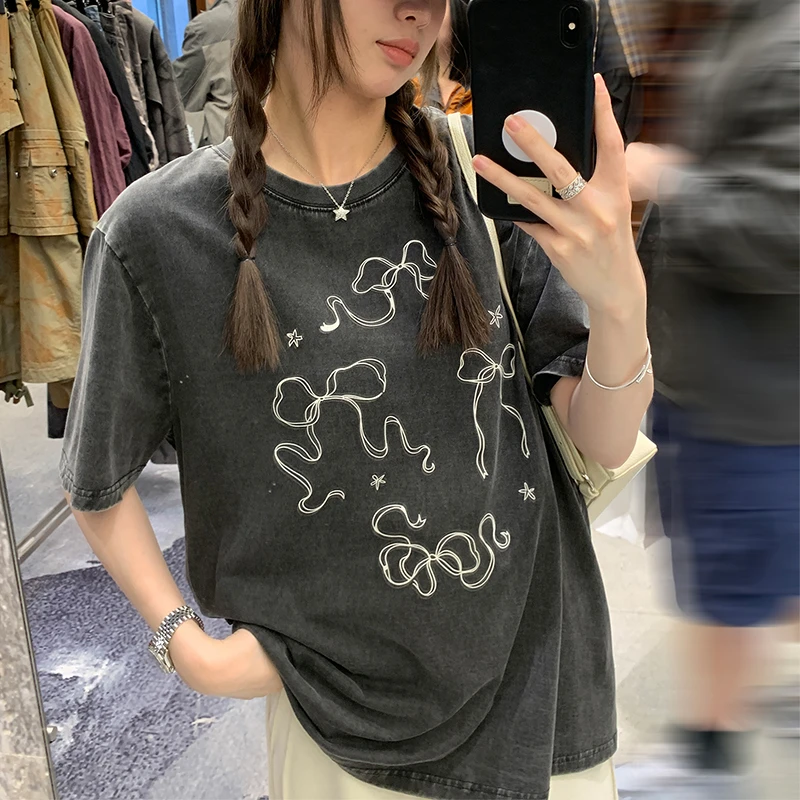 ins风美式水洗做旧短袖T恤女夏季新款设计感小众显瘦宽松短袖上衣