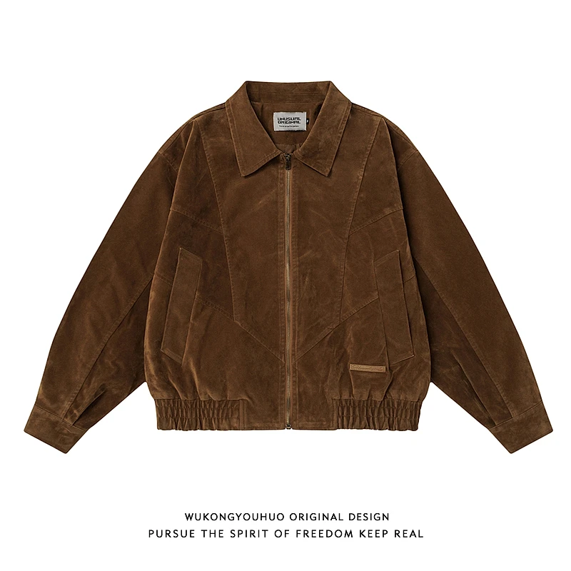 悟空有货美式复古棕色解构拼接翻领夹克男女潮牌宽松短宽休闲外套