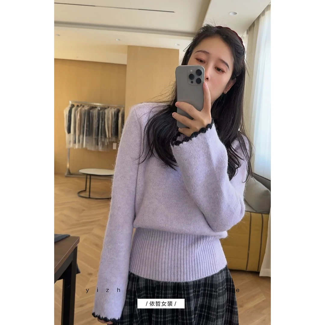 “”喇叭袖拼色毛衣“”法式秋冬针织套头款薄款毛针织衫圆领