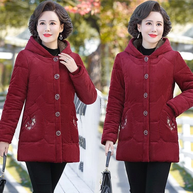 女款盖屁股棉服 大码中老年冬季加绒加厚绣花宽松遮肉棉袄连帽长