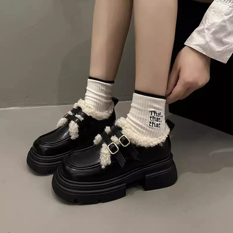 英伦风小皮鞋女加绒保暖厚底女鞋2024新款秋冬季玛丽珍棉鞋乐福鞋