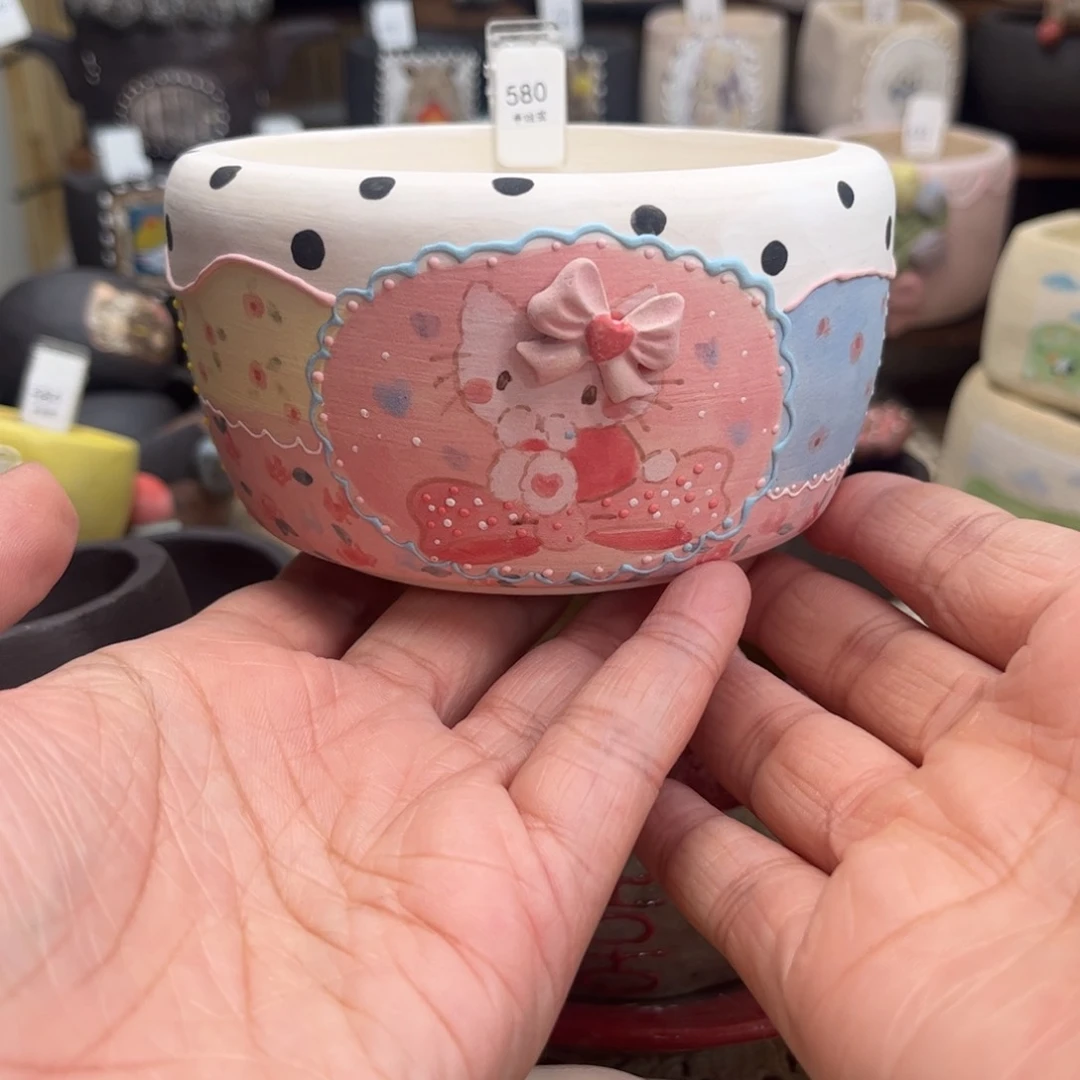 红陶580猫咪拼布现货10厘米花盆