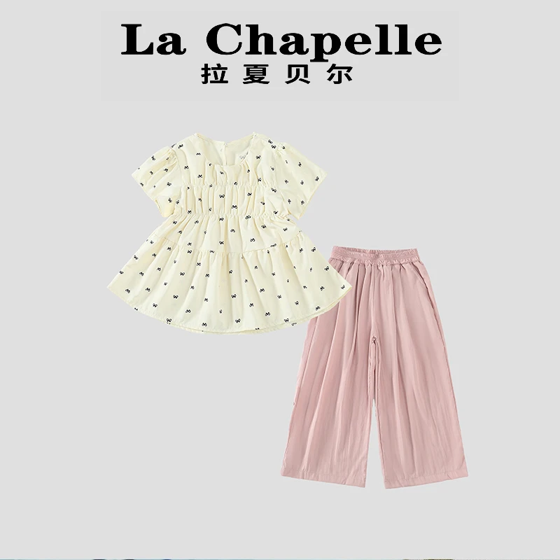 La Chapelle【拉夏贝尔】夏季蝴蝶结印花褶皱短袖衬衫两件套LD858