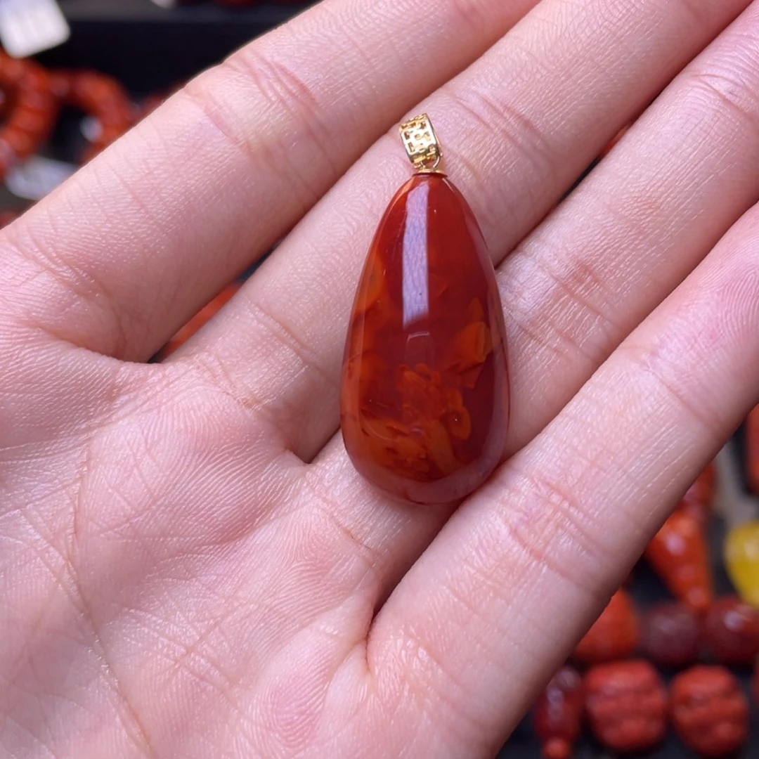 南红玛瑙其他未镶嵌y瓦西玫瑰红火焰纹水滴吊坠