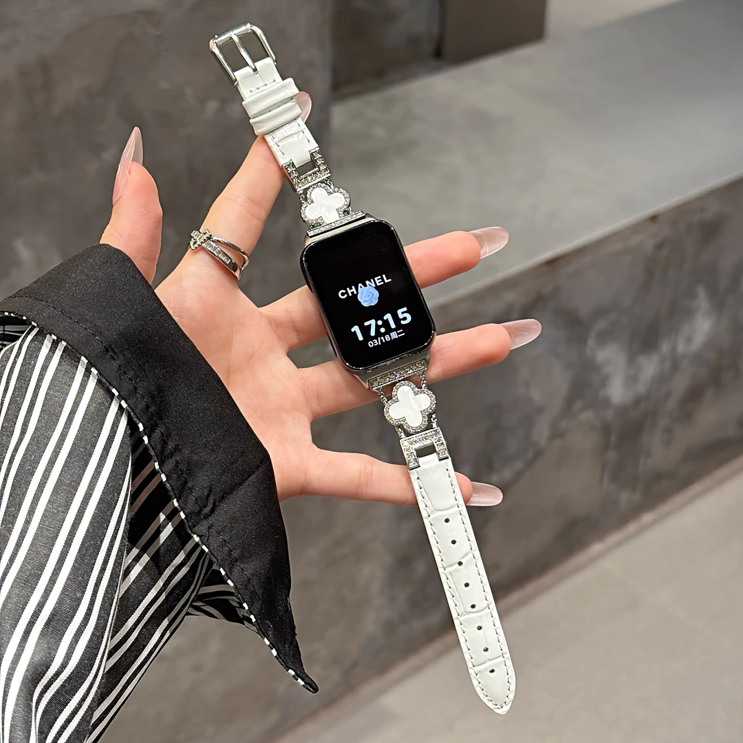适用小米手环9pro表带四叶草竹节纹皮质8pro红米watch5/s4表带女