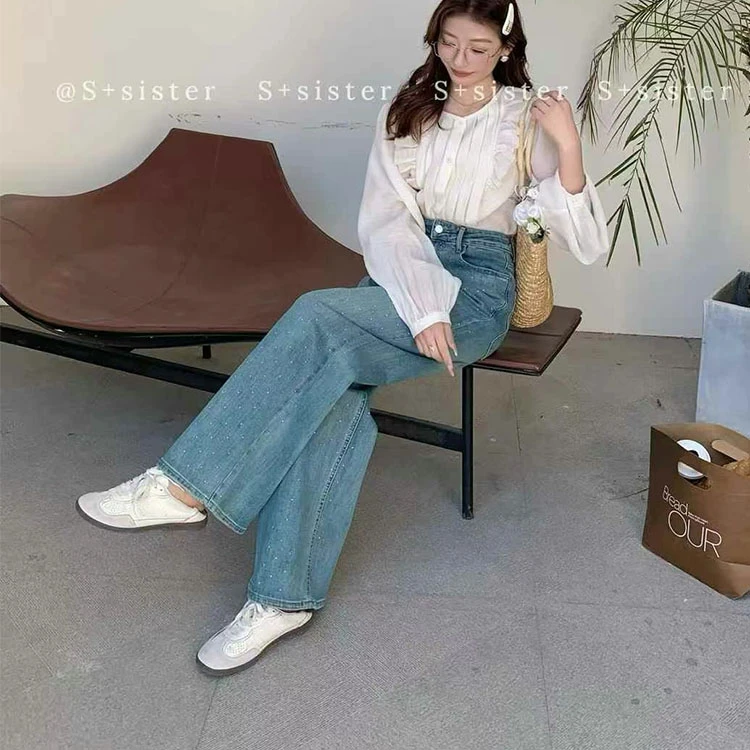 S+86136大码亮钻洋气直筒拖地裤子新款浅色春夏显瘦直筒长阔腿裤
