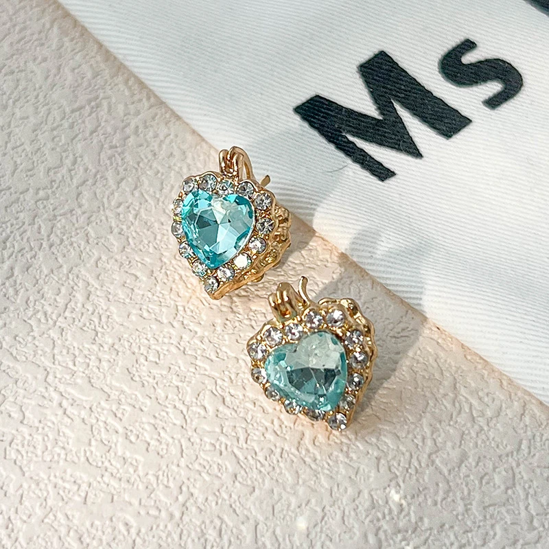 925银针法式天蓝带钻双面爱心耳扣耳钉小众N1268