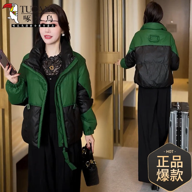 啄木鳥短款服女2025冬季新款洋气显瘦撞色拼接加厚保暖面包服棉袄