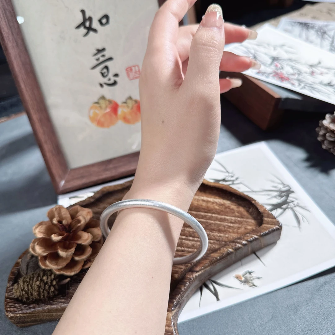 足银手镯 999.9古法传承镯实心素款磨砂素圈手镯
