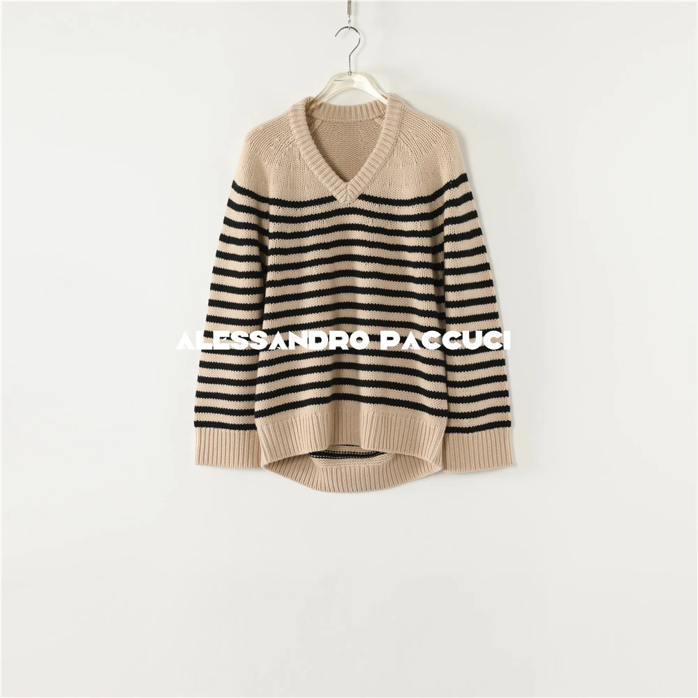 AP洛哥53125ST【冬眠】羊毛+羊绒条纹V领立体茧型龟背时尚套头衫