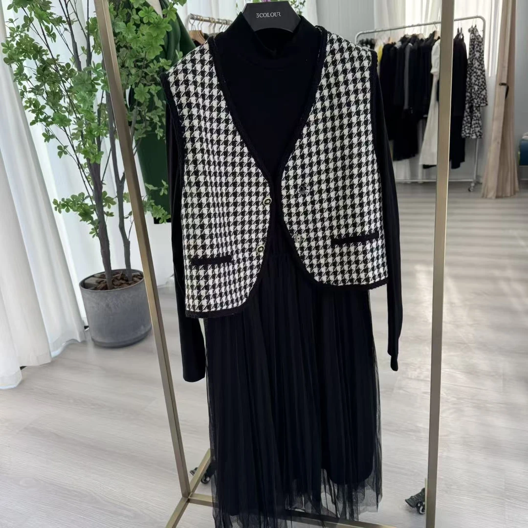 通勤简约通勤时尚套装黑白百搭格子时尚马甲两件套女装秋冬