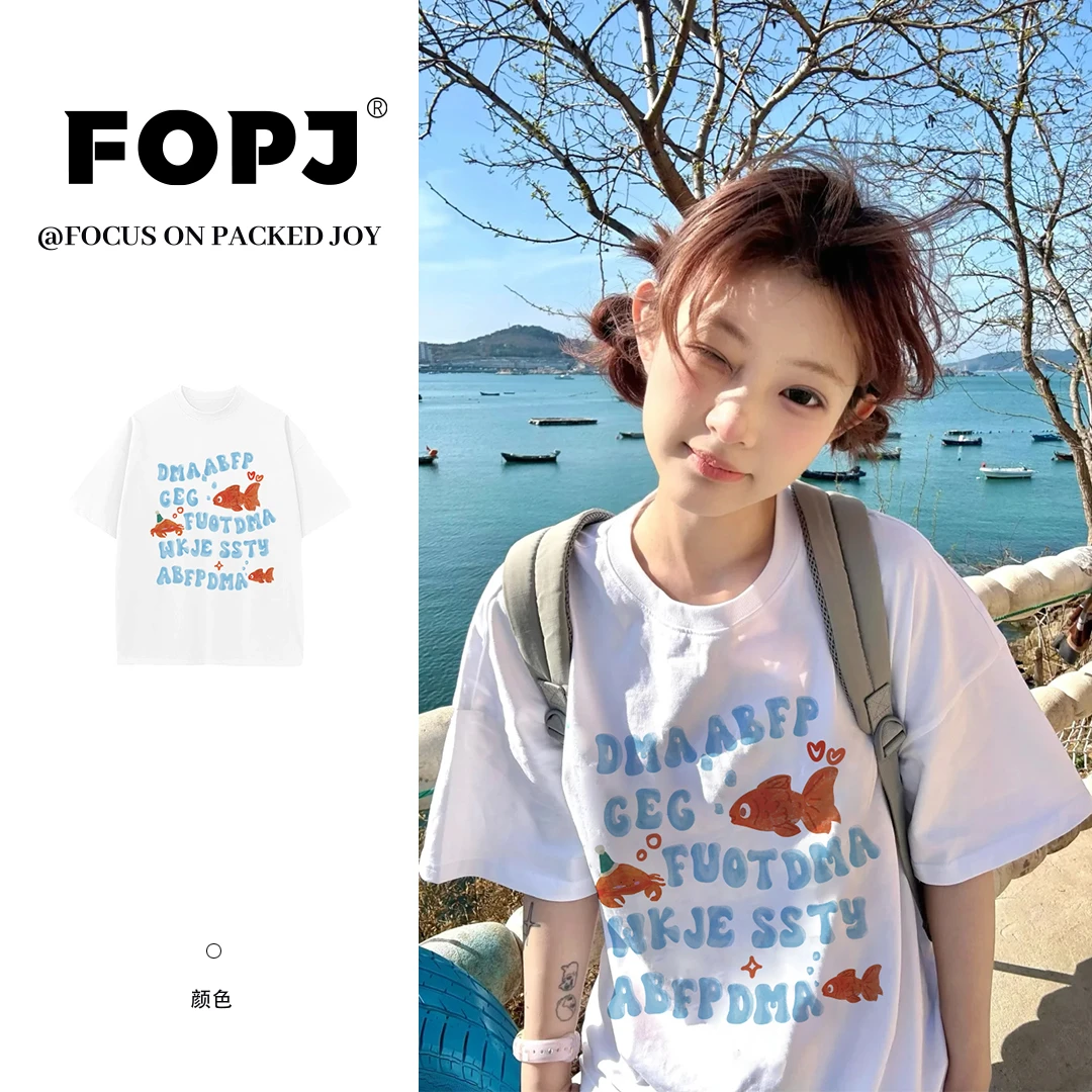 FOPJ韩系复古小金鱼印花夏季短袖T恤女oversize设计潮流宽松上衣