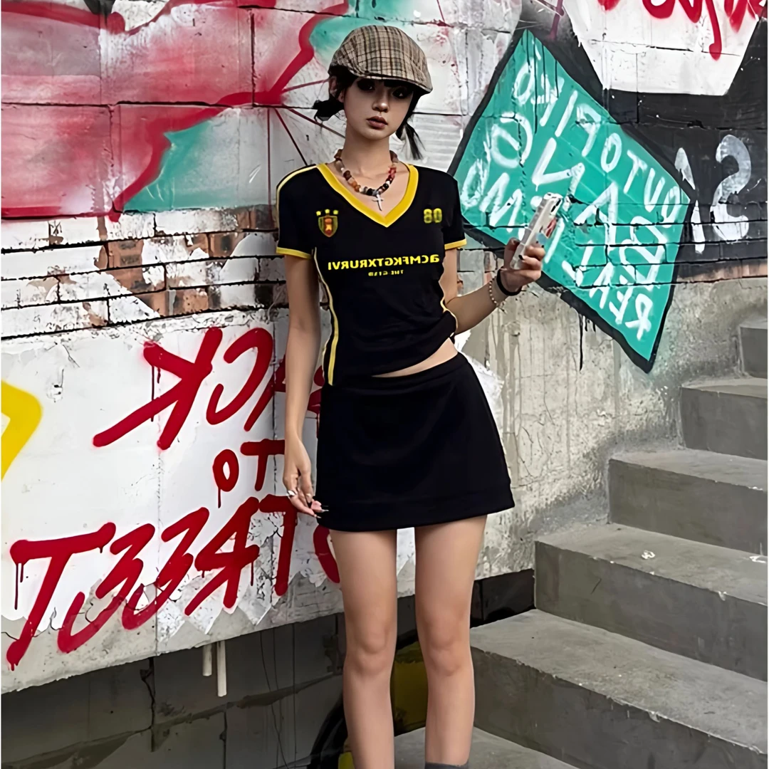 正肩撞色v领修身显瘦美式纯欲风短袖t恤女夏季内搭打底衫纯棉上衣